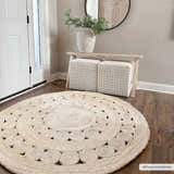 Entryway with Stafford Bleached Jute Round Rug. Beige jute rug with a decorative circle pattern. Farmhouse style. Roomscene-Round