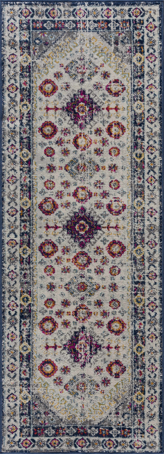 Close-up of Tigrim Beige 2306 Area Rug. Features a bohemian floral pattern in beige, ivory, navy, purple and yellow. Design-Runner-2773
