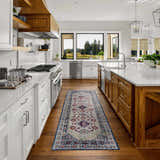 Bright kitchen with white cabinets and wood island featuring Tigrim Beige 2306 runner rug. Roomscene-Runner