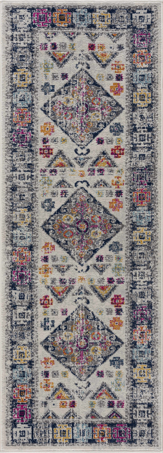 Close-up of Tigriv Ivory 2312 Area Rug. Bohemian design with gray, ivory, navy, and orange geometric patterns. Design-Runner-2773