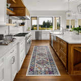 Tigriv Ivory 2312 rug in a bright kitchen. Runner rug with gray, ivory, navy, and orange colors between white and wood cabinets. Roomscene-Runner