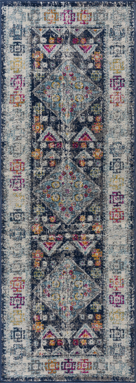 Close-up of the Tigriv Navy 2313 Area Rug. Bohemian style rug with gray, ivory, navy, pink, orange, and blue colors. Design-Runner-2773