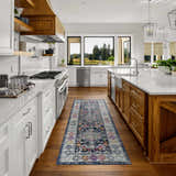 Bright kitchen with Tigriv Navy 2313 runner rug. Bohemian style rug with navy, blue, and pink tones on hardwood floor. Roomscene-Runner