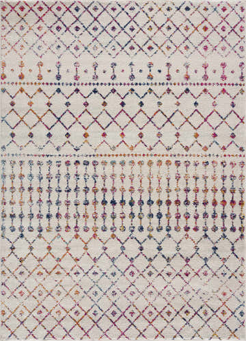 Close-up of the Marash KMRSH-4600 area rug. Off-white rug with colorful diamond and geometric patterns in blue, purple, and red. Design-Rectangle