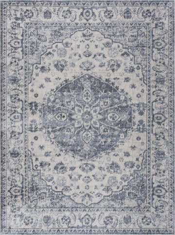 Close-up of Blue Hiti Washable area rug, featuring a traditional Persian-style floral pattern in blue, charcoal, and off-white. Design-Rectangle