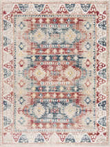 Close-up of the Bindi Blue & Rose Area Rug, showcasing its Southwestern-style pattern in blue, red, and beige tones. Design-Rectangle