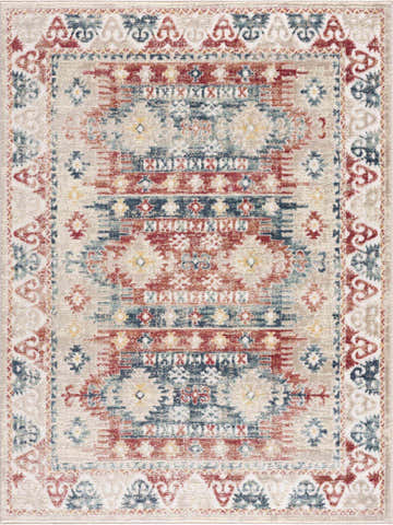 Close-up of the Bindi Blue & Rose Area Rug, showcasing its Southwestern-style pattern in blue, red, and beige tones. Design-Rectangle