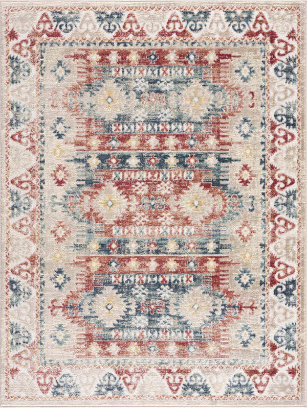 Close-up of the Bindi Blue & Rose Area Rug, showcasing its Southwestern-style pattern in blue, red, and beige tones. Design-Rectangle