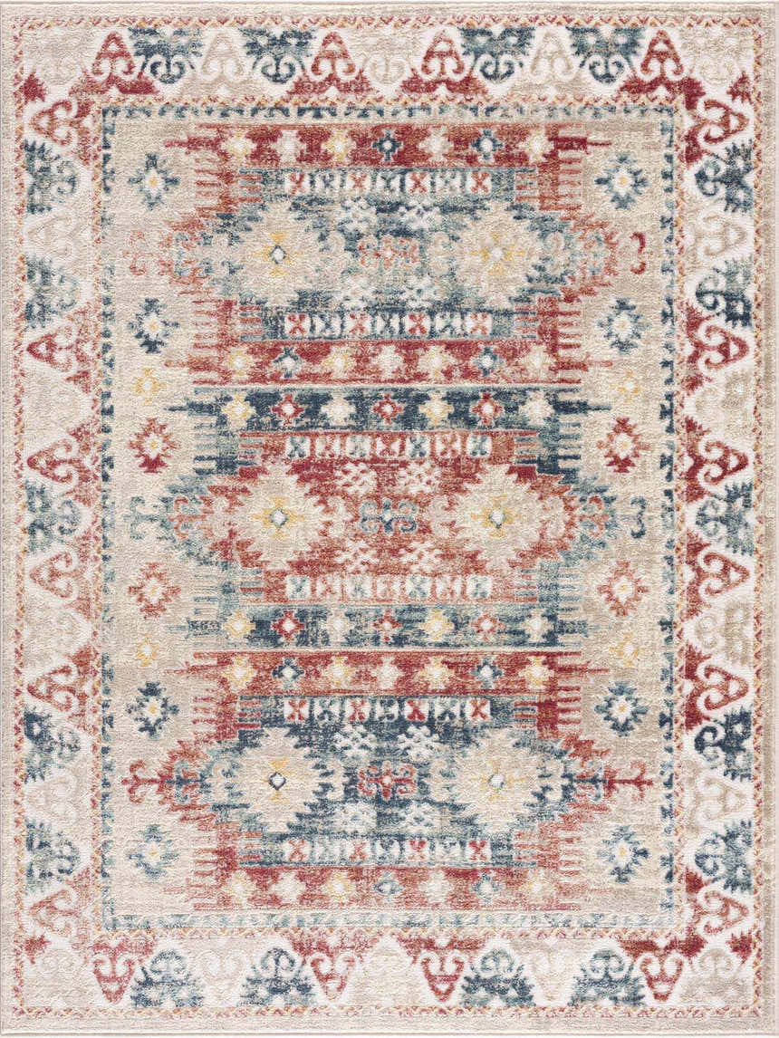 Close-up of the Bindi Blue & Rose Area Rug, showcasing its Southwestern-style pattern in blue, red, and beige tones. Design-Rectangle