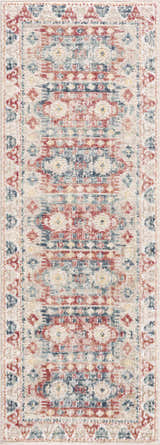 Close-up of Bindi Blue & Rose Area Rug. Southwestern style rug with traditional blue, rose, and ivory tones. Design-Runner