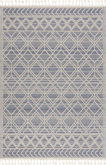 Close-up of Magnolia Blue 2302 Area Rug. Geometric diamond pattern in cream and blue. Tassels on each end. Contemporary style. Design-Rectangle