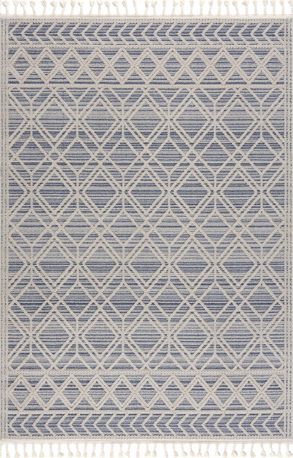 Close-up of Magnolia Blue 2302 Area Rug. Geometric diamond pattern in cream and blue. Tassels on each end. Contemporary style. Design-Rectangle