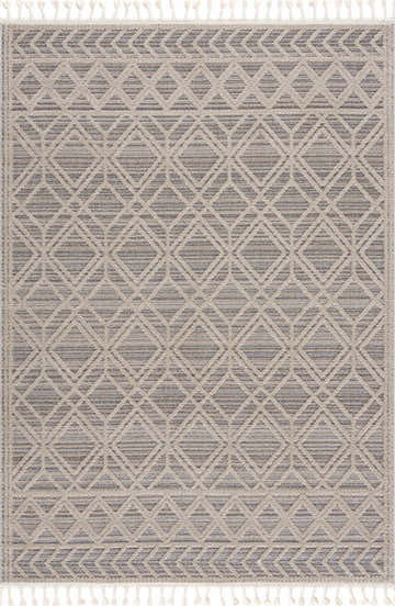 Close-up of the Magnolia Beige 2301 Area Rug. Beige and gray geometric diamond pattern with tassels. Contemporary style. Design-Rectangle