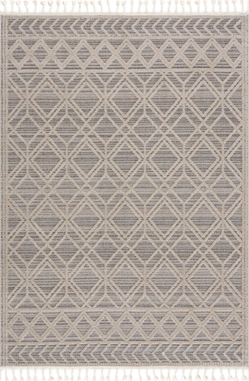 Close-up of the Magnolia Beige 2301 Area Rug. Beige and gray geometric diamond pattern with tassels. Contemporary style. Design-Rectangle