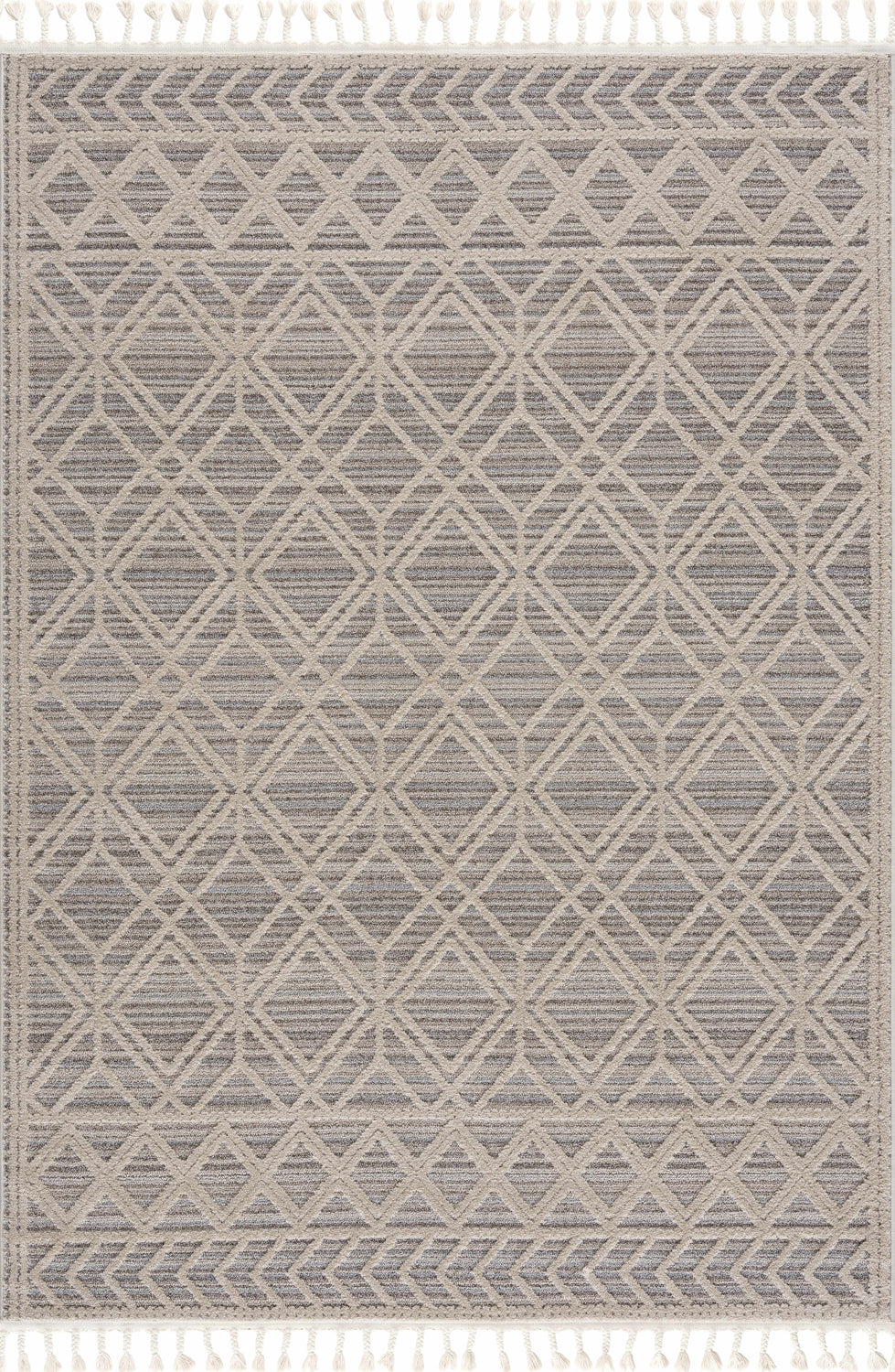 Close-up of the Magnolia Beige 2301 Area Rug. Beige and gray geometric diamond pattern with tassels. Contemporary style. Design-Rectangle