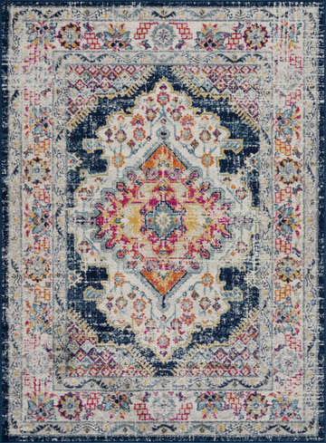 Detailed view of the Marash KMRSH-4603 clearance runner rug with navy, orange, pink, and white traditional pattern. Design-Rectangle