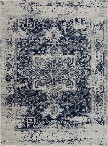Close-up of the Rachel Navy Area Rug featuring a traditional, distressed oriental pattern in navy, beige, and gray tones. Design-Rectangle