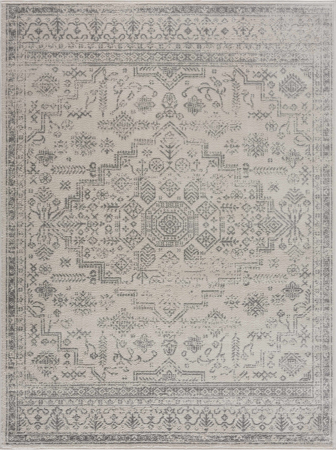 Close-up of the Tigried Ivory & Gray 2323 Area Rug, showcasing its traditional bohemian pattern and soft ivory and gray colors. Design-Rectangle