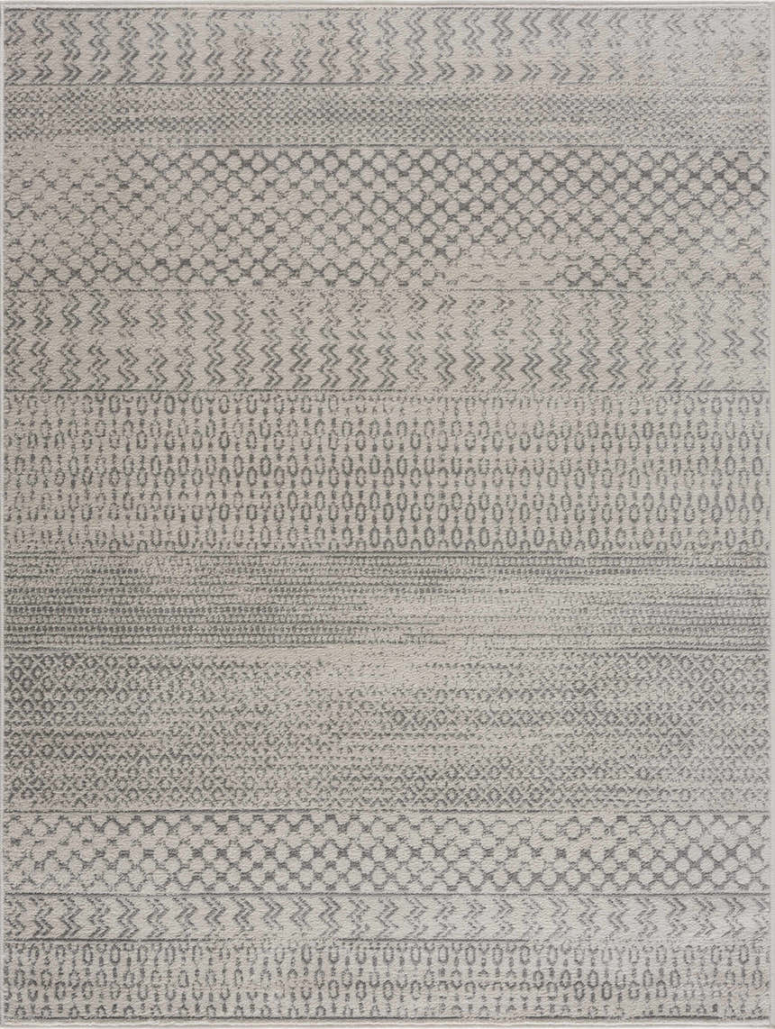 Close-up of Tigri Aztec Ivory & Gray 2318 Area Rug featuring a contemporary gray and ivory geometric pattern. Design-Rectangle