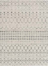 Close-up of the Marash KMRSH-4606 area rug, showcasing its cream and gray geometric pattern and soft polypropylene texture. Design-Rectangle