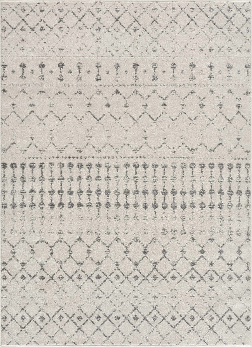Close-up of the Marash KMRSH-4606 area rug, showcasing its cream and gray geometric pattern and soft polypropylene texture. Design-Rectangle