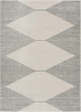Close-up of the Marash KMRSH-4613 area rug. Gray geometric lines on an ivory background create a modern farmhouse style. Design-Rectangle