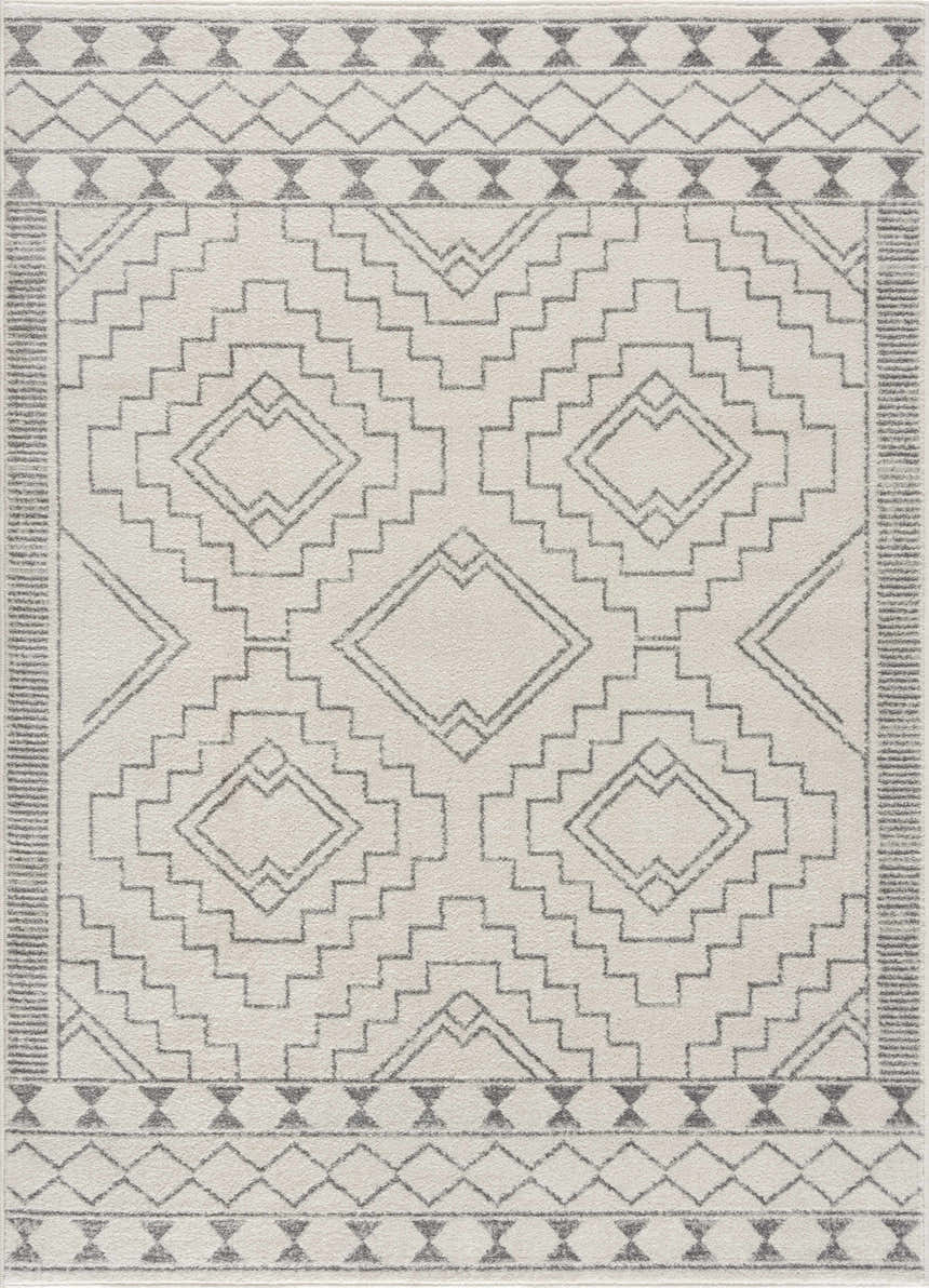 Close-up of KMRSH-4614 Ivory Tribal Carpet. Bohemian style rug with gray geometric diamond and tribal patterns. Design-Rectangle