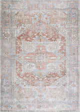 Detailed view of the Rust Maayon Washable Rug featuring a traditional oriental pattern in brick red, brown, and denim blue. Design-Rectangle
