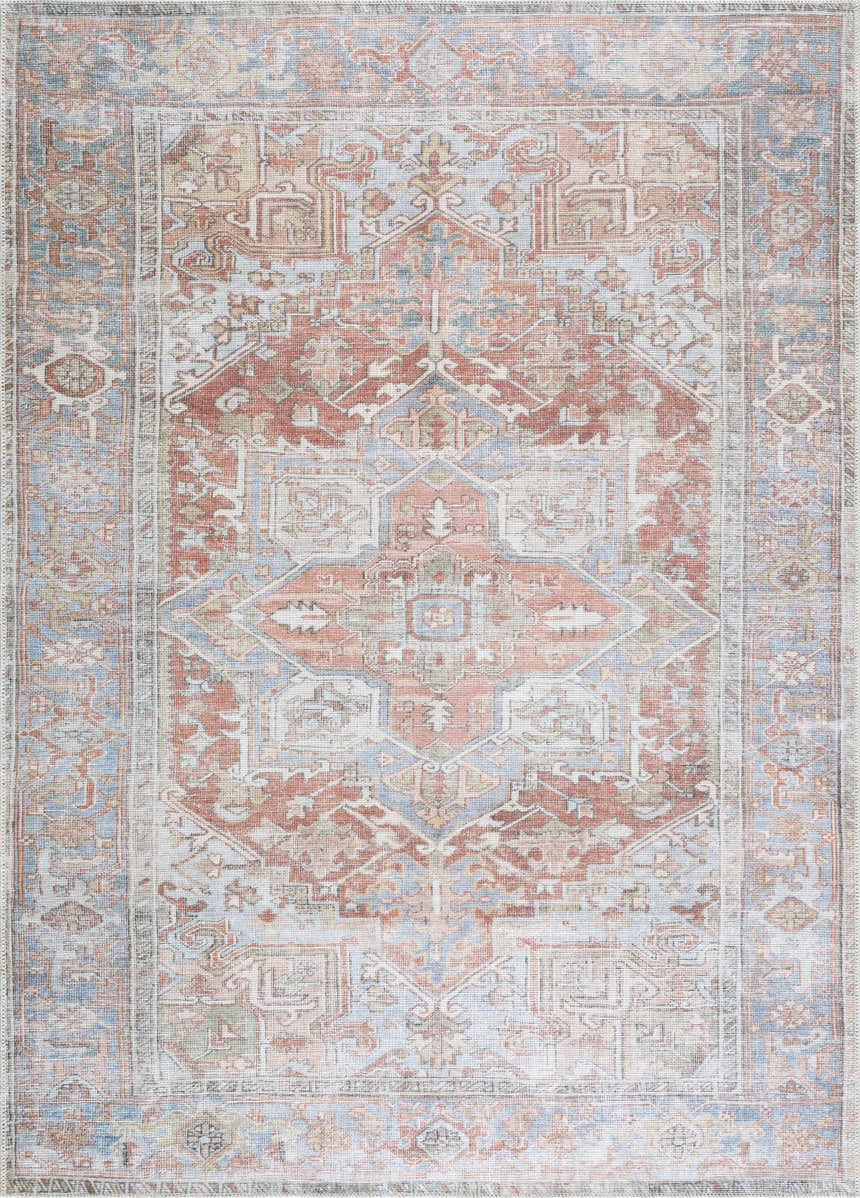Detailed view of the Rust Maayon Washable Rug featuring a traditional oriental pattern in brick red, brown, and denim blue. Design-Rectangle