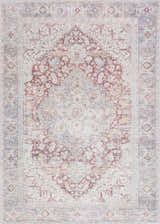 Detailed view of the Cream Rust Leeston Washable Rug, showcasing its vintage-inspired, oriental pattern and brick red, cream, and light blue colors. Design-Rectangle