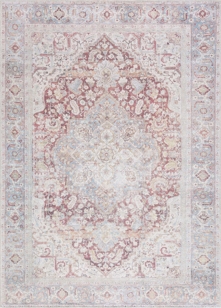 Detailed view of the Cream Rust Leeston Washable Rug, showcasing its vintage-inspired, oriental pattern and brick red, cream, and light blue colors. Design-Rectangle