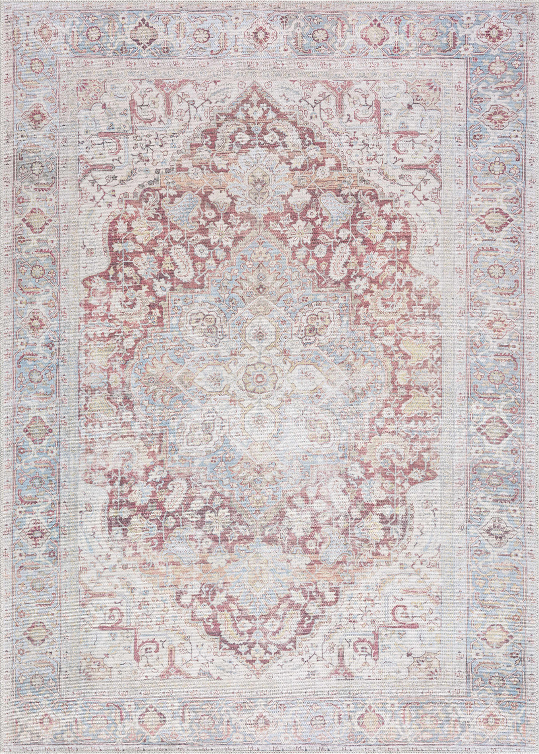 Detailed view of the Cream Rust Leeston Washable Rug, showcasing its vintage-inspired, oriental pattern and brick red, cream, and light blue colors. Design-Rectangle