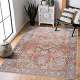 Bright entryway with Eira Distressed Washable Rug. Farmhouse style with orange, blue, and charcoal Persian rug. Vintage feel. Roomscene-Rectangle