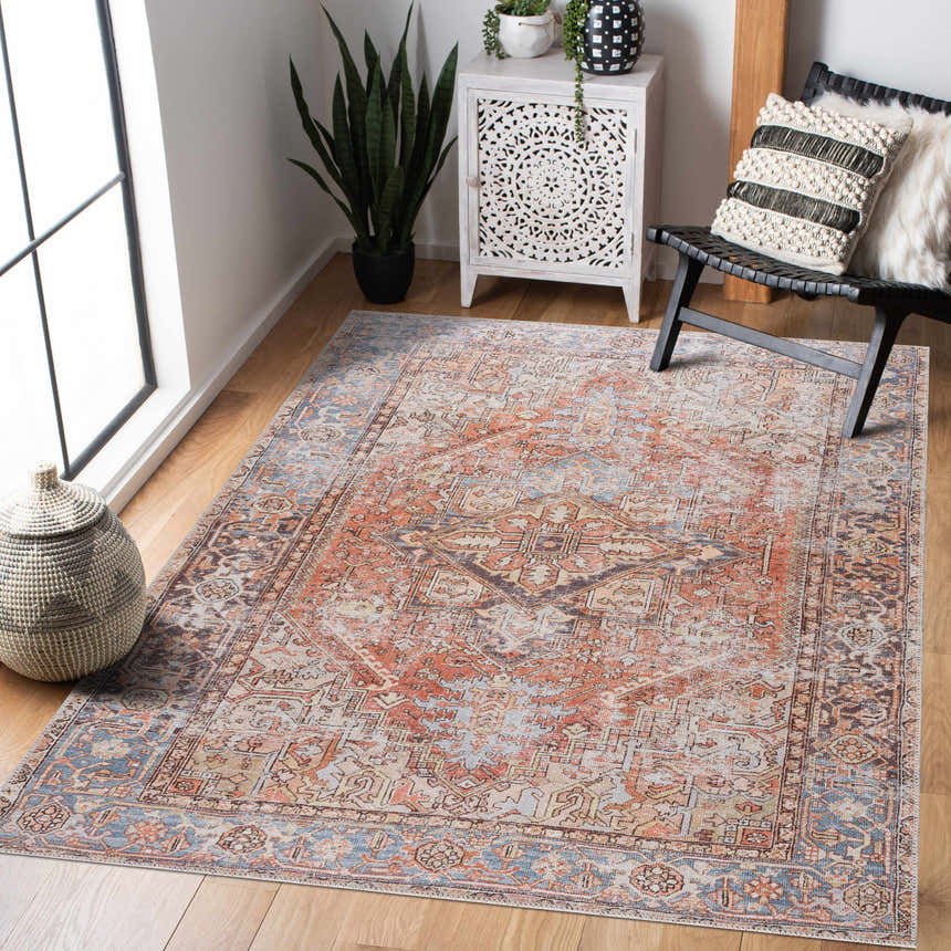 Bright entryway with Eira Distressed Washable Rug. Farmhouse style with orange, blue, and charcoal Persian rug. Vintage feel. Roomscene-Rectangle