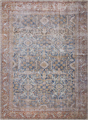 Close-up of the Rust Mair Traditional Washable Area Rug. Persian-style rug with rust border and blue, brown, and white floral patterns. Design-Rectangle
