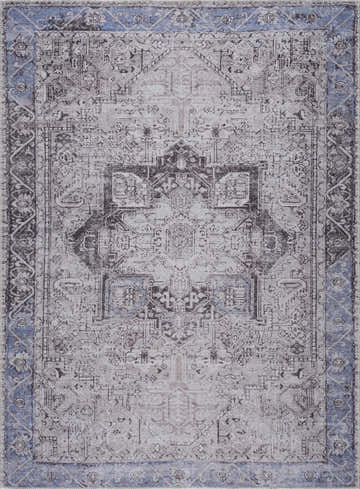 Close-up of the Rosman Blue&Beige Washable Area Rug, showcasing its traditional oriental pattern and blue border. Design-Rectangle