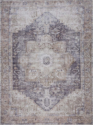 Close-up of the Beige Rosman Washable Area Rug, featuring a traditional oriental pattern in beige, light brown, and navy. Design-Rectangle