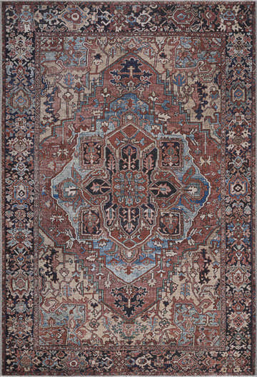 Detailed close-up of the Neyland Washable Area Rug. Traditional, farmhouse style with red, blue, ivory, and wheat colors. Design-Rectangle