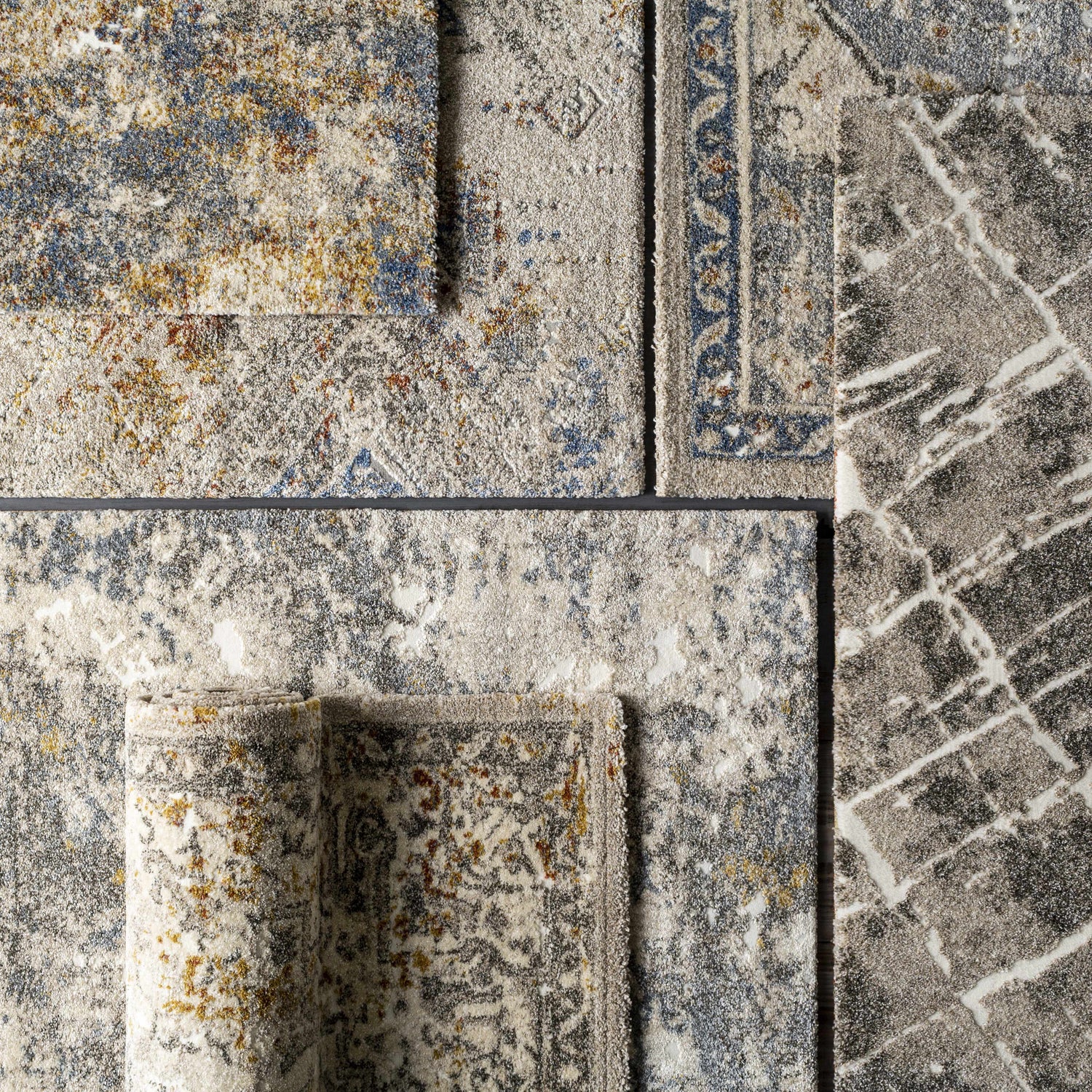 Close-up of Stockwell Thick Luxe Rug. Bohemian style with brick red, denim, ivory, and metallic gold colors. Clearance item. Styleshot