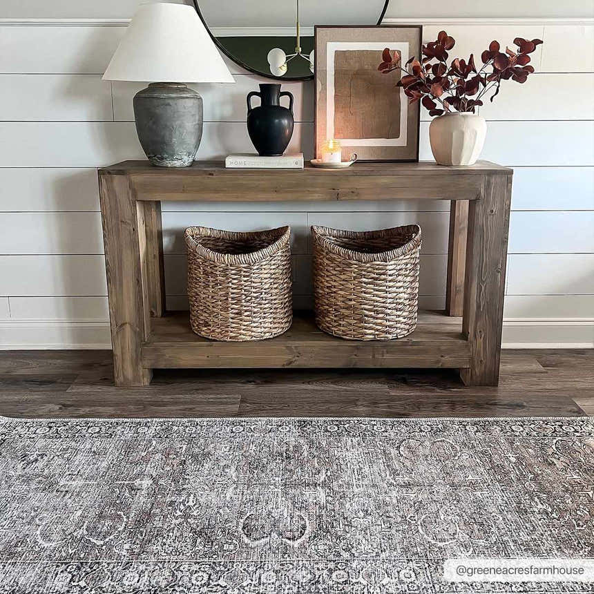 Entryway with a Jill Washable Area Rug runner, wood console table, baskets, lamp, and vases. Farmhouse style. Roomscene-Runner