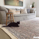 Living room scene with a Jill Washable Area Rug in brown/blue tones, a gray sofa, and a black cat lounging on the rug. Roomscene-Rectangle