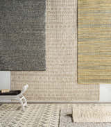 Room scene with Whittington Gray&Cream Wool Rug. Bohemian, contemporary rug display with gray, cream, and yellow tones. Styleshot