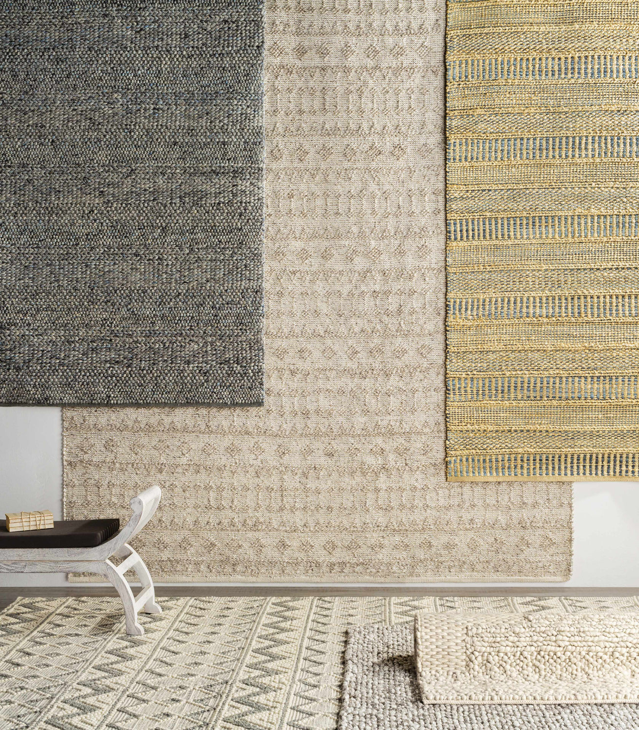 Room scene with Whittington Gray&Cream Wool Rug. Bohemian, contemporary rug display with gray, cream, and yellow tones. Styleshot