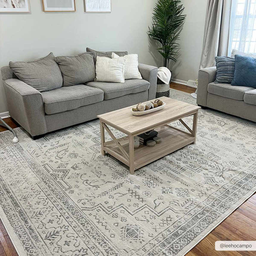 Living room scene with gray sofas and Tigried Ivory & Gray 2323 Area Rug. The rug has a traditional, bohemian pattern. Roomscene-Rectangle