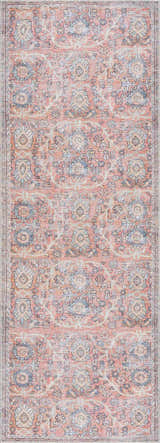 Close-up of the Urpi Rose & Blue Washable Area Rug, featuring a traditional Persian pattern in rose, blue, and beige tones. Design-Runner-2773