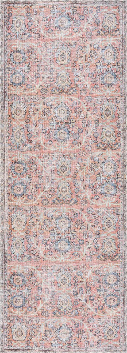 Close-up of the Urpi Rose & Blue Washable Area Rug, featuring a traditional Persian pattern in rose, blue, and beige tones. Design-Runner-2773