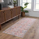 Entryway with Urpi Rose & Blue Washable Area Rug runner, wood console table, plants, and wood floors. Farmhouse style. Roomscene-Runner