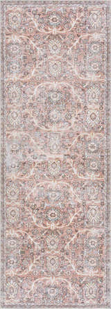 Detailed view of the Flat Pile Urpi Red Washable Rug. Features a traditional Persian design in red, beige, and blue tones. Design-Runner-2773