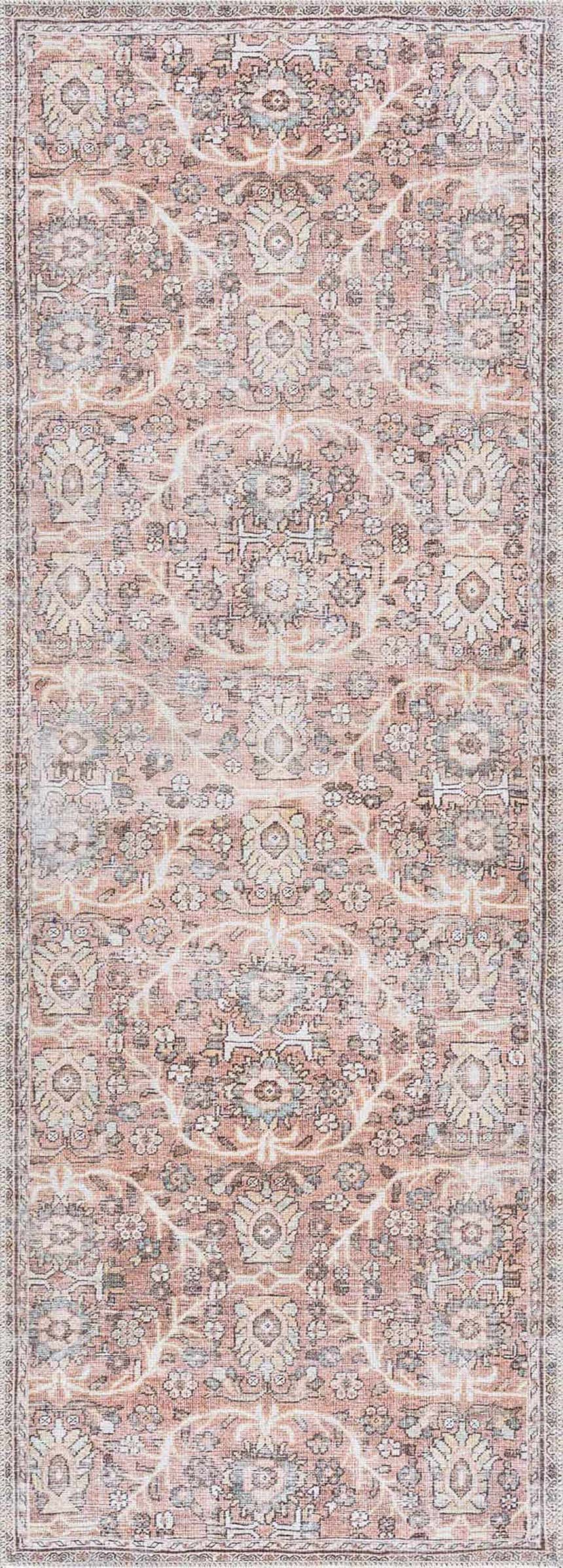 Detailed view of the Flat Pile Urpi Red Washable Rug. Features a traditional Persian design in red, beige, and blue tones. Design-Runner-2773