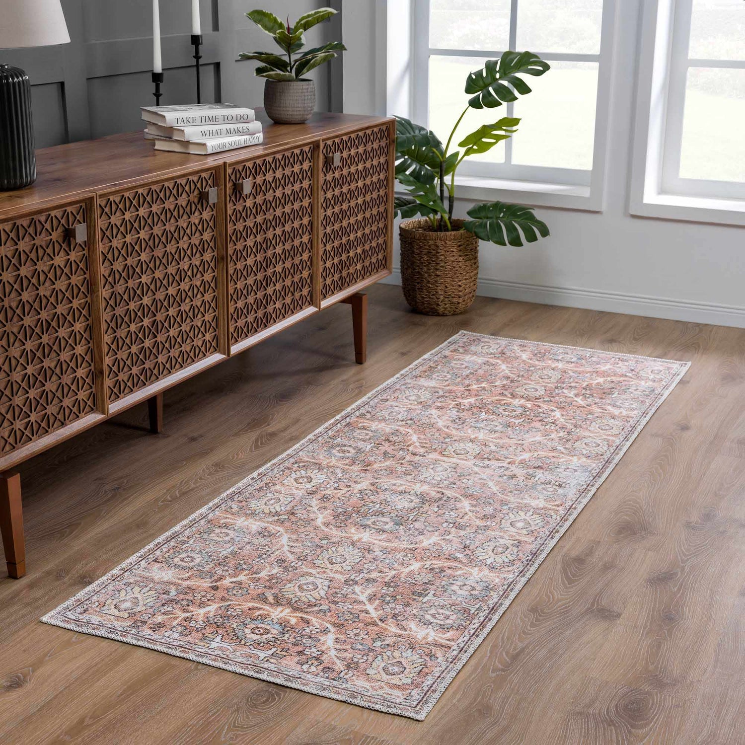 Entryway with wood console table and Flat Pile Urpi Red Washable Rug runner in vintage Persian style. Roomscene-Runner